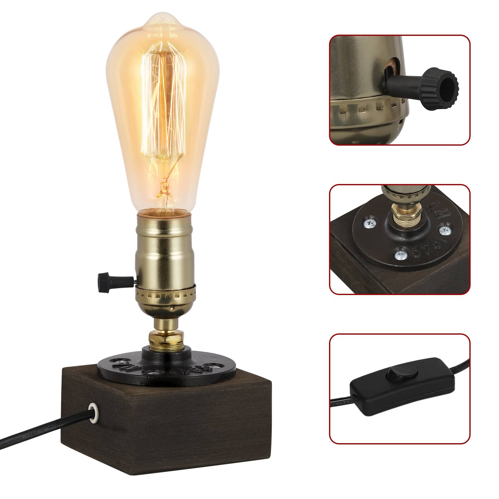 Left. Oumilen - Industrial Wood Base Table Lamp – Vintage Edison Desk Lamp with Brass Socket for Bedroom, Living Room.