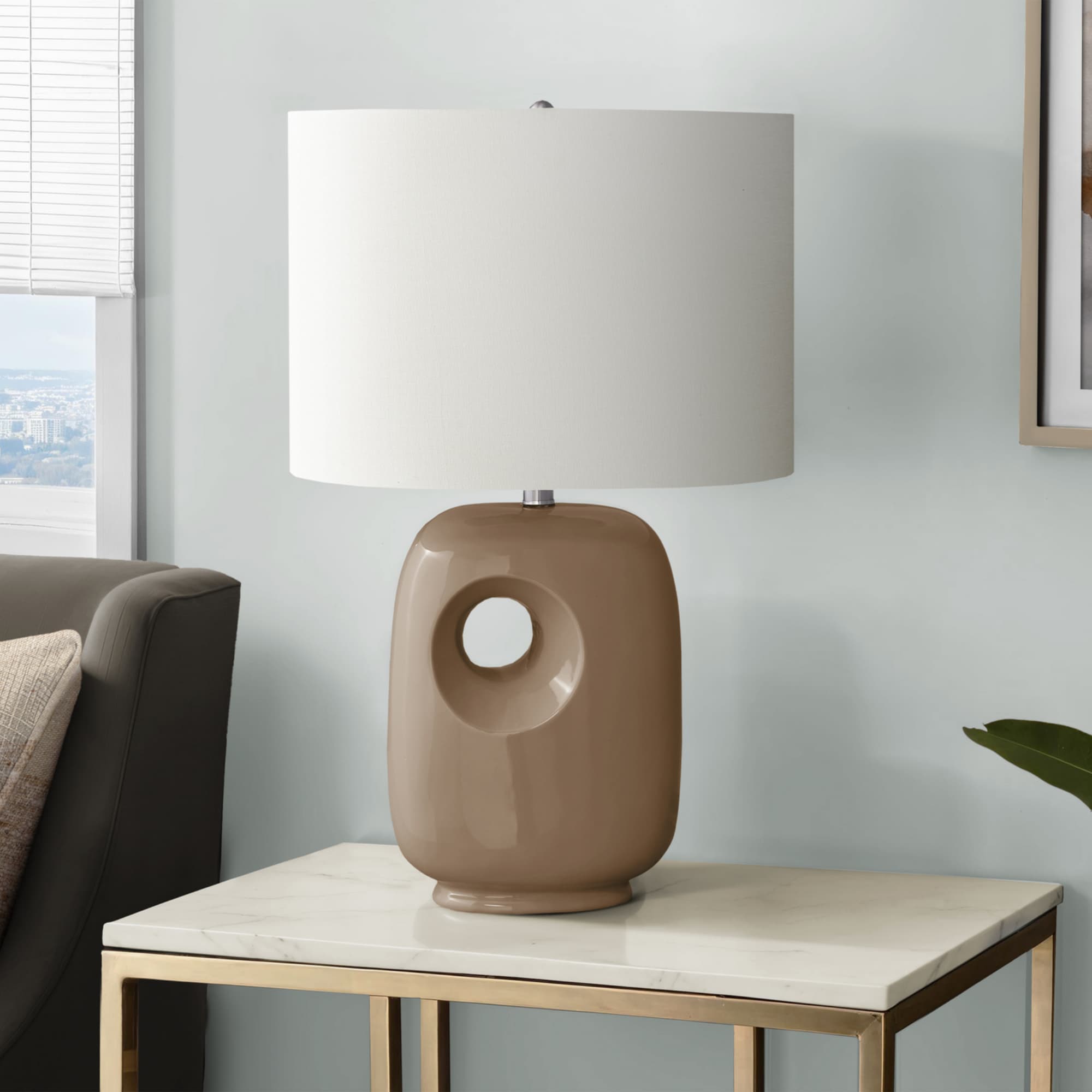 Angle. Luckbyte - 26 Inch Brown Ceramic Table Lamp Ivory Cream Shade Contemporary Modern Lamp.