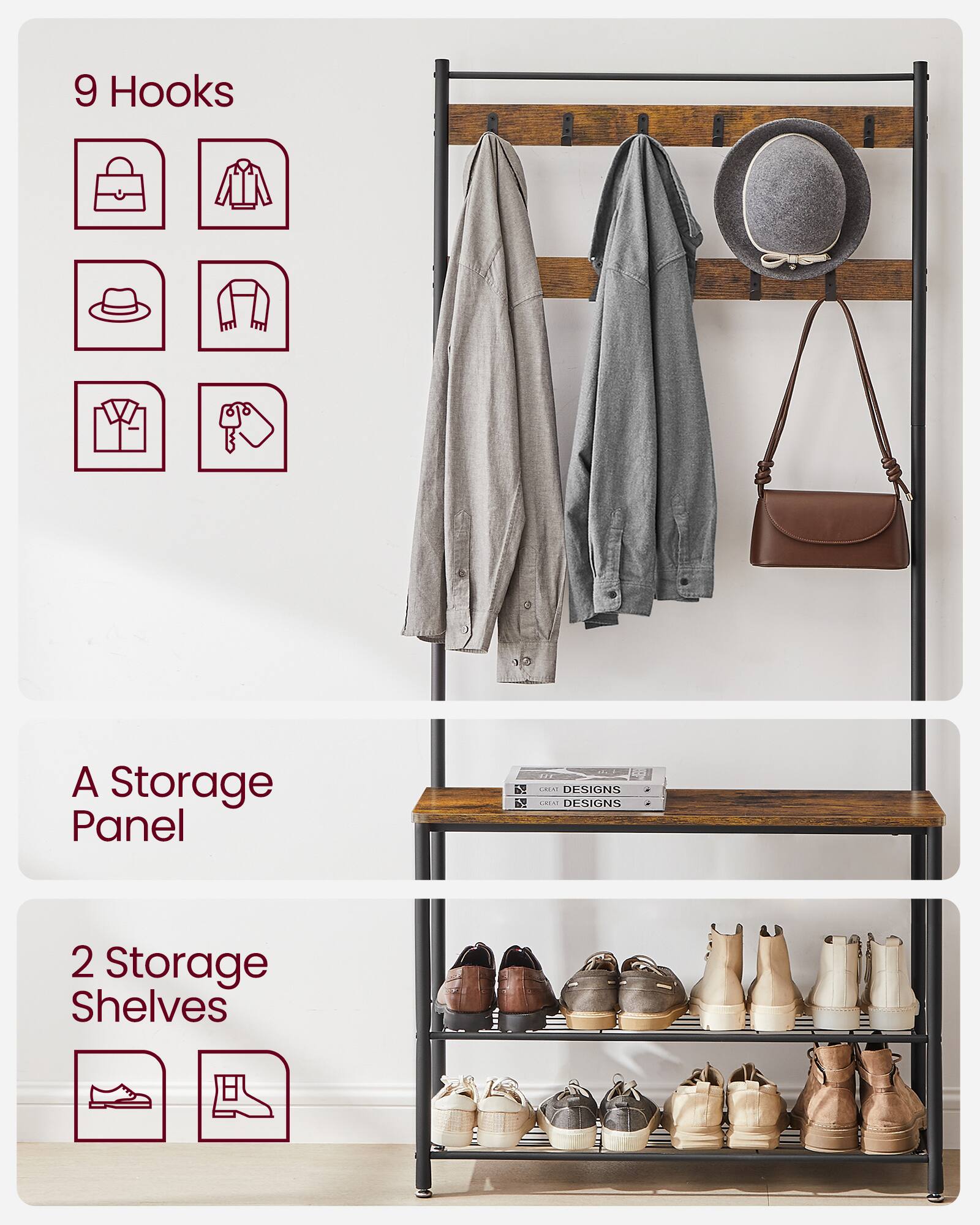 9 Hooks  
A Storage Panel  
2 Storage Shelves
