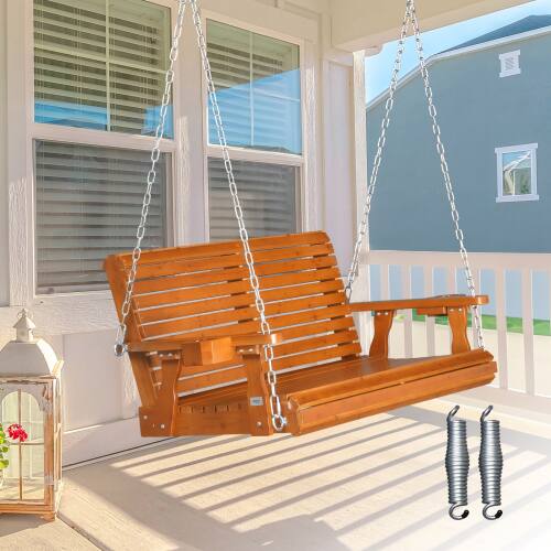 Alt View 9. Winado - 4FT Patio Wooden Porch Swing Chair Bench Only, with Hanging Chains, Cup Holders for Indoor Outdoor Courtyard Garden Yard - Brown.