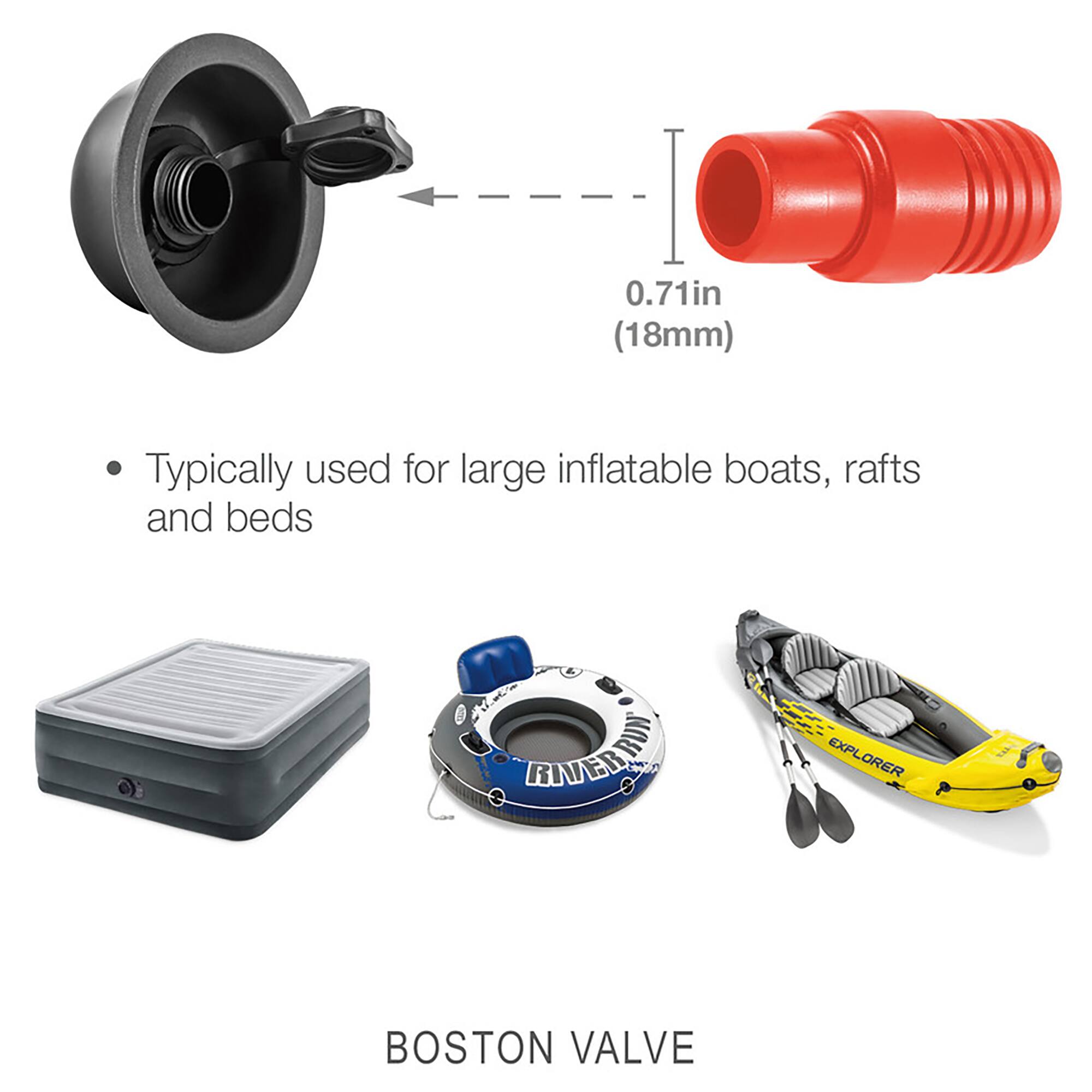 I 0.71in (18mm) Typically used for large inflatable boats, rafts and beds INERNION BUN RIVER EXPLORER BOSTON VALVE