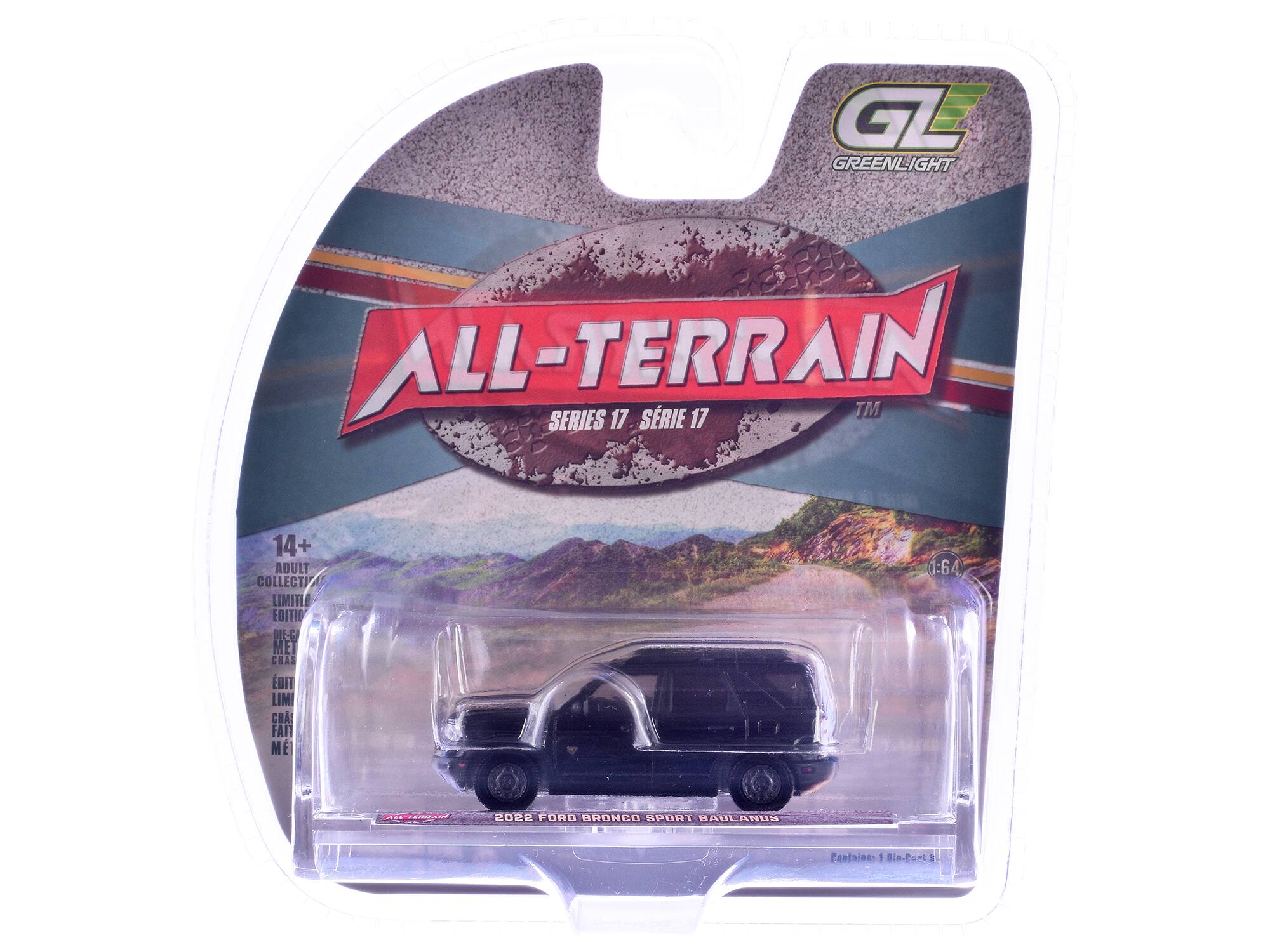 GL GREENLIGHT ALL-TERRAIN SERIES 17 SÉRIE 17 TM 14+ ADULT COLLECTIV LIMITL EDITIO DIE-CI MET CHAS DIT LIM CHA! FAIT M E 1:64 SA FORD BRONGO BAULANUS