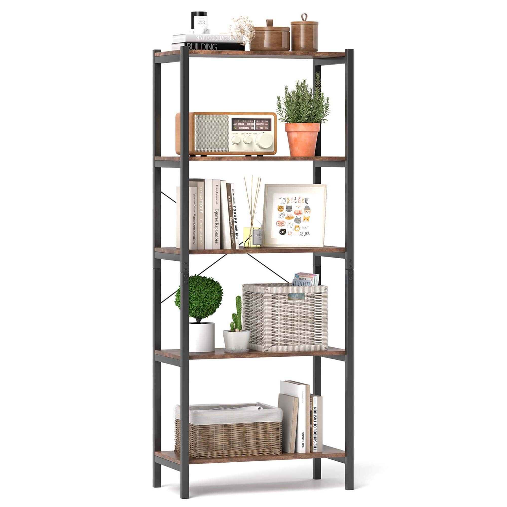 Costway - 1 PCS 5-Tier Bookshelf Bookcase with Metal Frame & Dual Anti-Tipping Kits Storage Rack - Rustic Brown,Black