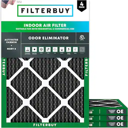 MADE IN THE USA
4 PACK FILTERBUY INDOOR AIR FILTER
SUITABLE FOR BOTH RESIDENTIAL & COMMERCIAL USE
ACTIVATED CARBON ODOR ELIMINATOR
DEARNEETED C UL -S 01 + MERV 8
TERBUY -an Duat + cabra - + inutsrias Polian - LIN Ne SmaRe - smAS dutars Bartara
FILTERBUY ALLED TALLED TALLED ACTIVATED CARBON - MERV 8
ACTIVATED CARBON . MIST OE
ACTIVATED CARBON MART 4 OE