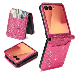 Dteck - for Samsung Galaxy Z Flip8 Glitter Wallet Case, Shockproof Slim PU Leather Flip Cover with Card Pocket - Rose