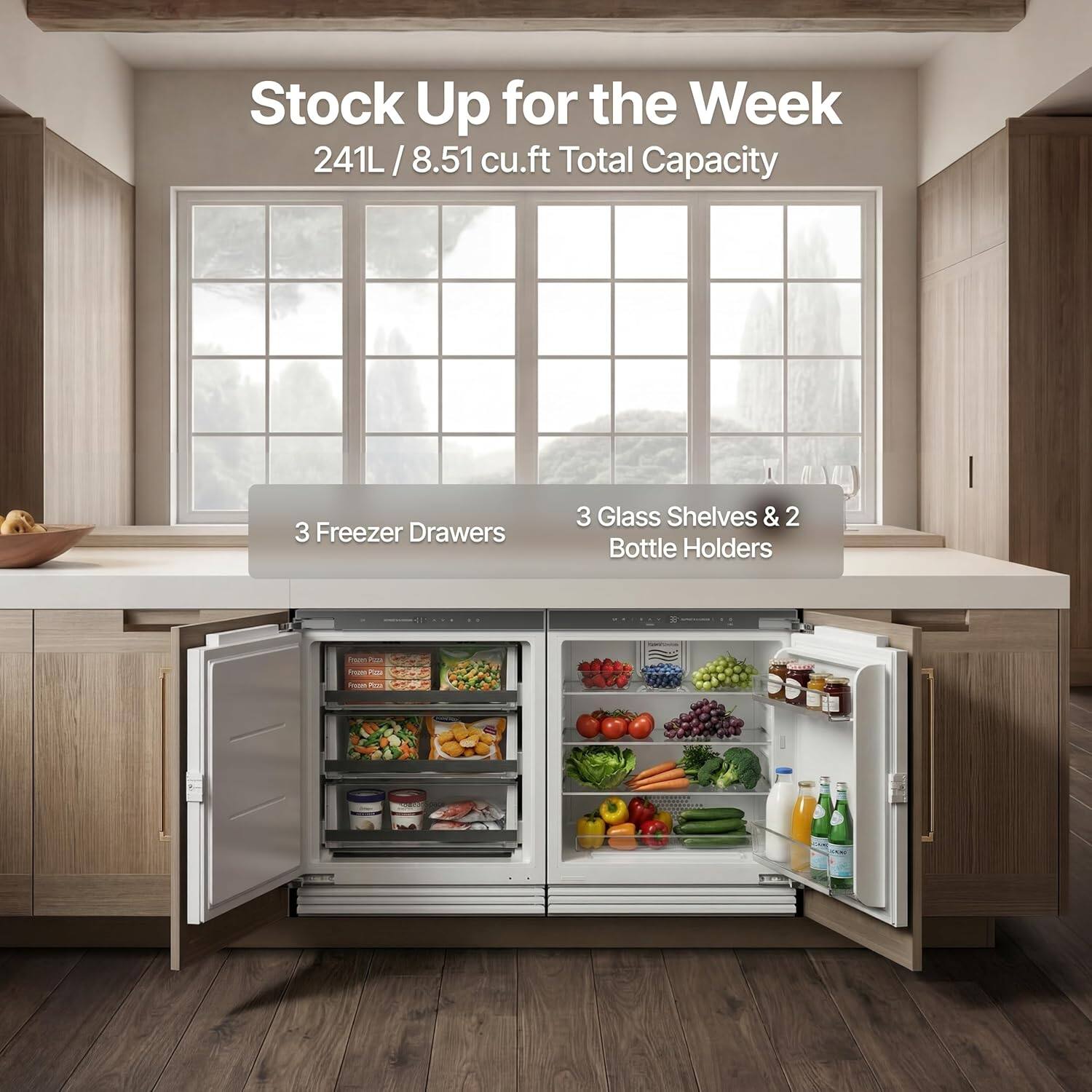 Stock Up for the Week  
241L / 8.51 cu.ft Total Capacity  
3 Freezer Drawers  
3 Glass Shelves & 2 Bottle Holders