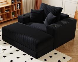 GRANDJOY - 62" 3‑in‑1 Corduroy Chaise Lounge Chair, Convertible Sleeper Sofa Bed & Recliner for Living Room - Black