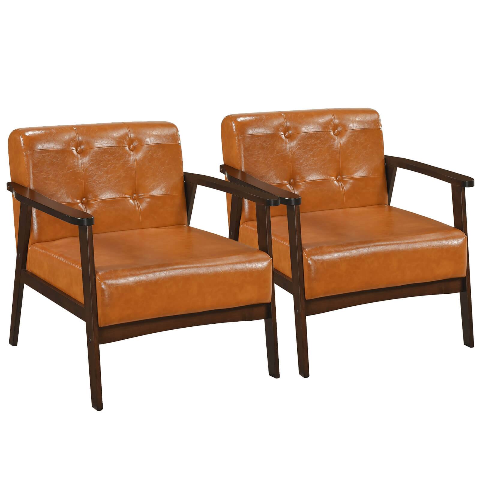 Costway - 2PCS Accent Chair Button Tufted Mid-century Modern Lounge Chair with Armrest - Caramel