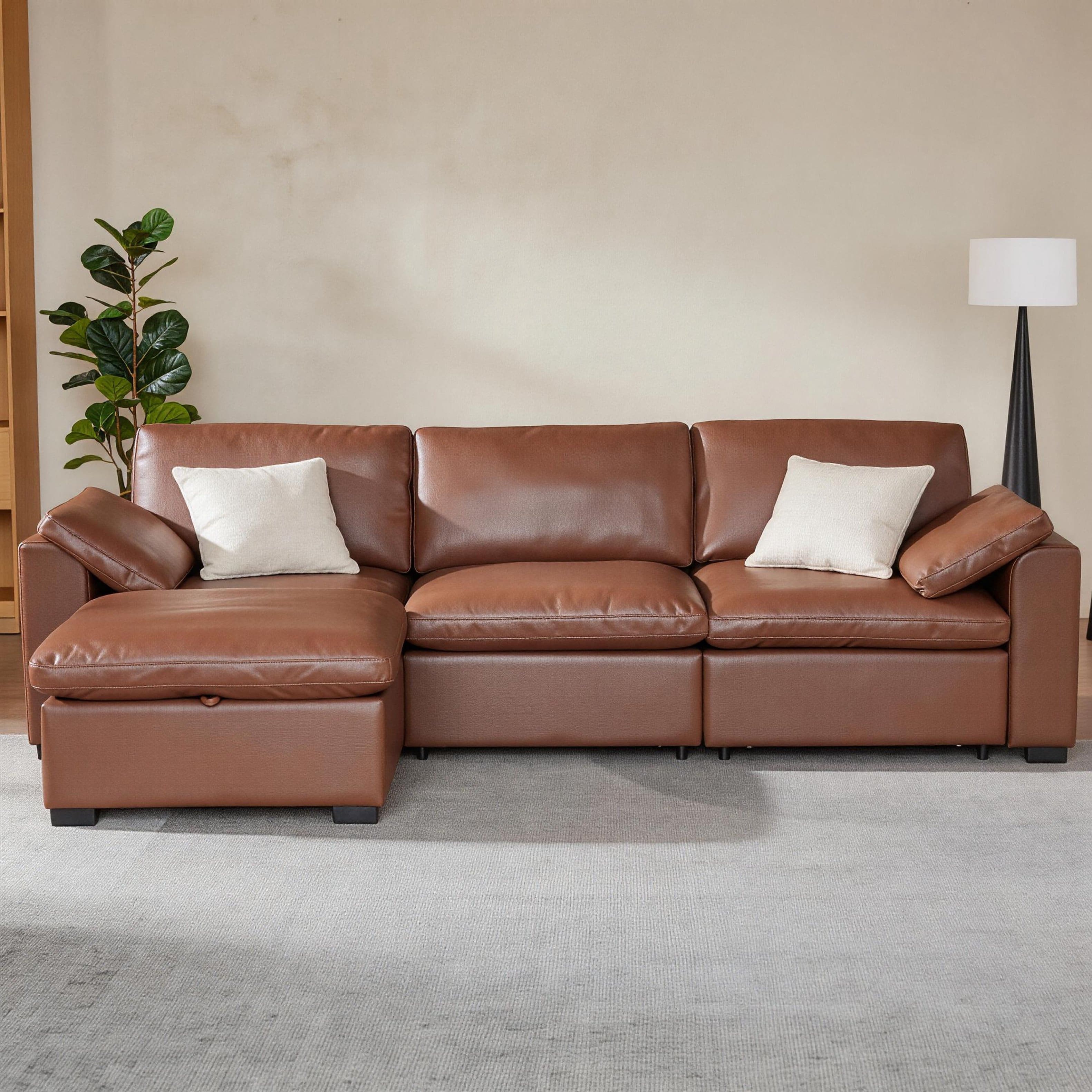 Dyonery - 120" Modular Sectional Sofa, L Shaped Couch with Storage Ottoman, Solid Wood Frame, Tool Free, Faux Leather Brown - Brown