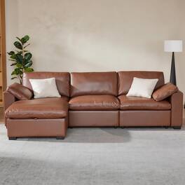 Dyonery - 120" Modular Sectional Sofa, L Shaped Couch with Storage Ottoman, Solid Wood Frame, Tool Free, Faux Leather Brown - Brown