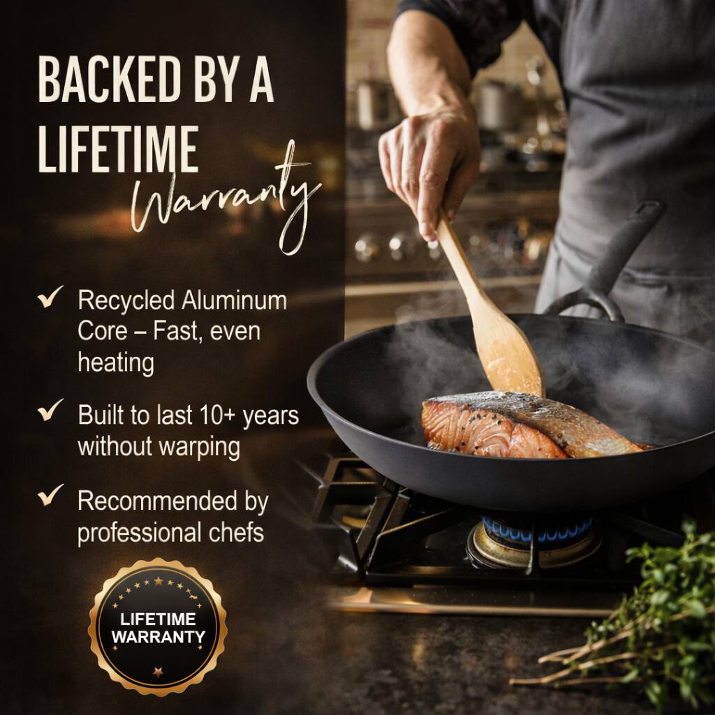BACKED BY A LIFETIME Warranty

- Recycled Aluminum Core – Fast, even heating
- Built to last 10+ years without warping
- Recommended by professional chefs

LIFETIME WARRANTY