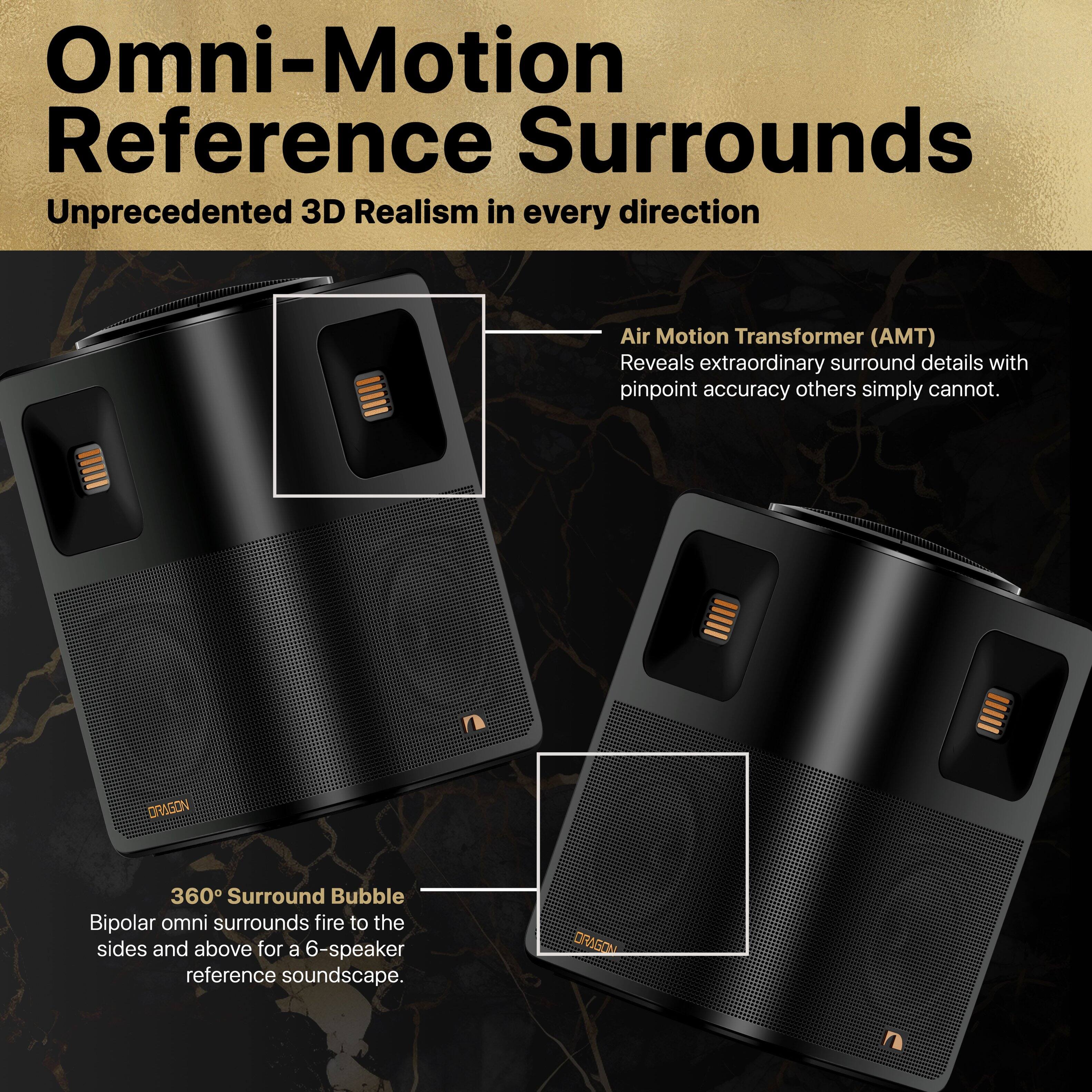 Omni-Motion Reference Surrounds  
Unprecedented 3D Realism in every direction

Air Motion Transformer (AMT)  
Reveals extraordinary surround details with pinpoint accuracy others simply cannot.

360° Surround Bubble  
Bipolar omni surrounds fire to the sides and above for a 6-speaker reference soundscape.