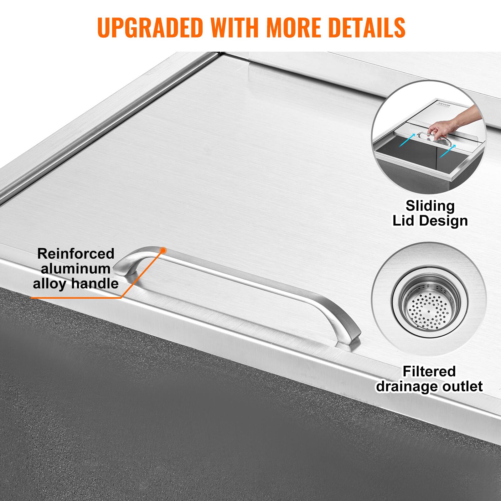 UPGRADED WITH MORE DETAILS

- Sliding Lid Design
- Reinforced aluminum alloy handle
- Filtered drainage outlet