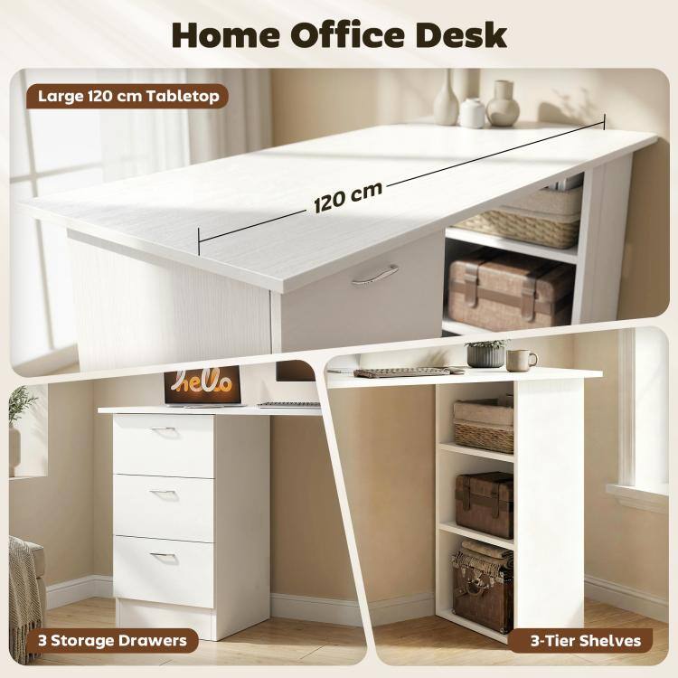 Home Office Desk

Large 120 cm Tabletop

120 cm

3 Storage Drawers

3-Tier Shelves