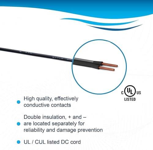 High quality, effectively conductive contacts  
Double insulation, + and - are located separately for reliability and damage prevention  
UL / CUL listed DC cord