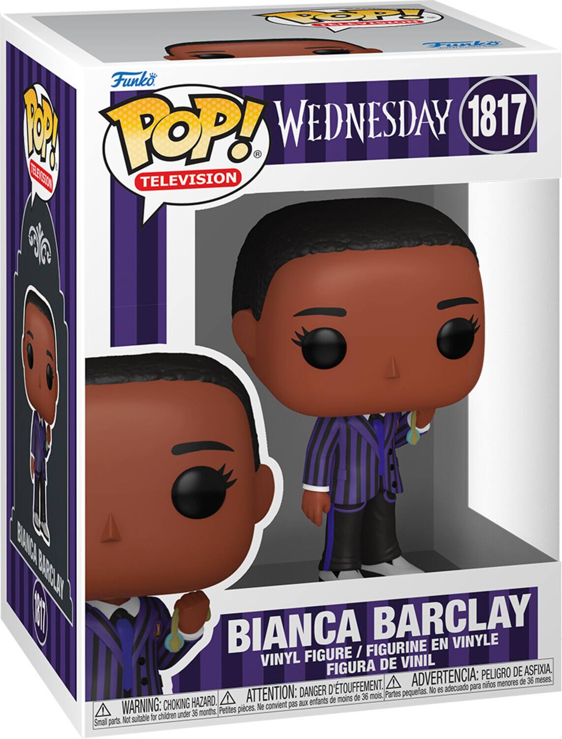 **Front:**
- Funko POP! TELEVISION
- WEDNESDAY 1817
- BIANCA BARCLAY
- VINYL FIGURE / FIGURINE EN VINYLE / FIGURA DE VINIL

**Side:**
- BIANCA BARCLAY
- 1817

**Bottom:**
- WARNING: CHOKING HAZARD. Small parts. Not suitable for children under 36 months.
- ATTENTION: DANGER D'ÉTOUFFEMENT. Petites pièces. Ne convient pas aux enfants de moins de 36 mois.
- ADVERTENCIA: PELIGRO DE ASFIXIA. Partes pequeñas. No es adecuado para niños menores de 36 meses.
