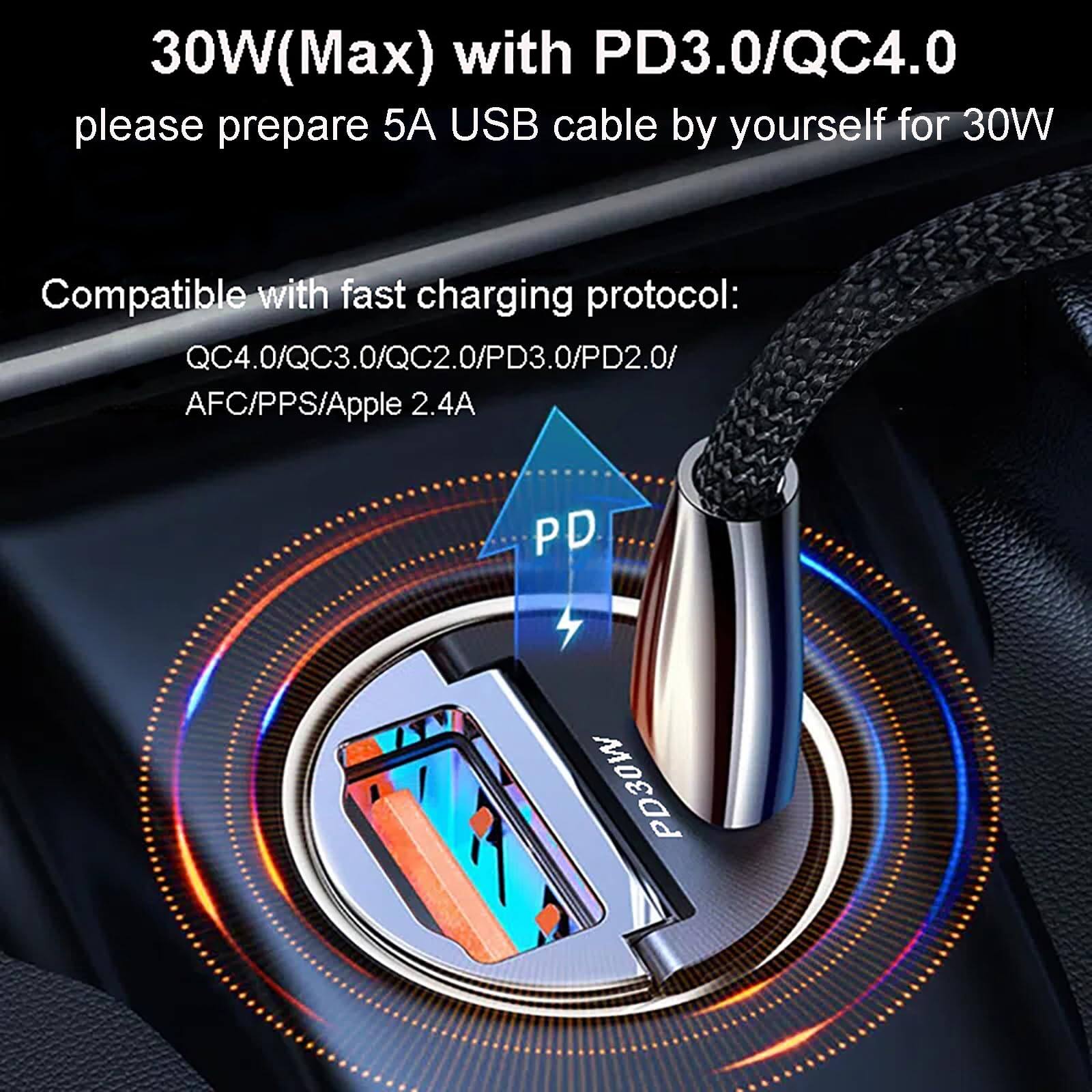 30W(Max) with PD3.0/QC4.0  
please prepare 5A USB cable by yourself for 30W  

Compatible with fast charging protocol:  
QC4.0/QC3.0/QC2.0/PD3.0/PD2.0/AFC/PPS/Apple 2.4A