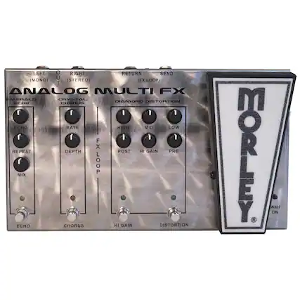 ANALOG MULTI FX
LEFT (MONO) RIGHT (STEREO) RETURN (FX LOOP) SEND
EMERALD ECHO
- ECHO
- REPEAT
- MIX
CRYSTAL CHORUS
- RATE
- DEPTH
DIAMOND DISTORTION
- HIGH
- MID
- LOW
- POST
- HI GAIN
- PRE
FX LOOP
- MIX
ECHO CHORUS HI GAIN DISTORTION
MORLEY
WAH ON