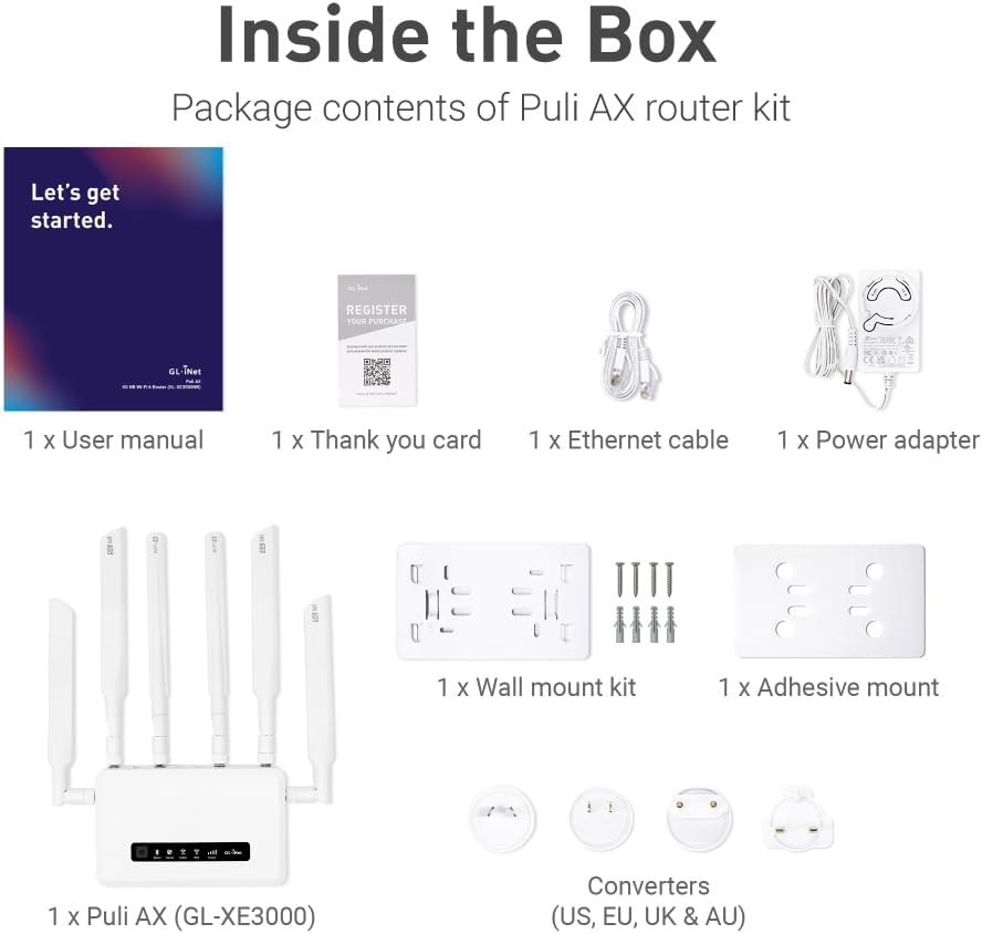 Inside the Box  
Package contents of Puli AX router kit

Let's get started.

REGISTER YOUR PURCHASE  
GL-INet

1 x User manual  
1 x Thank you card  
1 x Ethernet cable  
1 x Power adapter  

1 x Wall mount kit  
1 x Adhesive mount  

1 x Puli AX (GL-XE3000)  

Converters (US, EU, UK & AU)