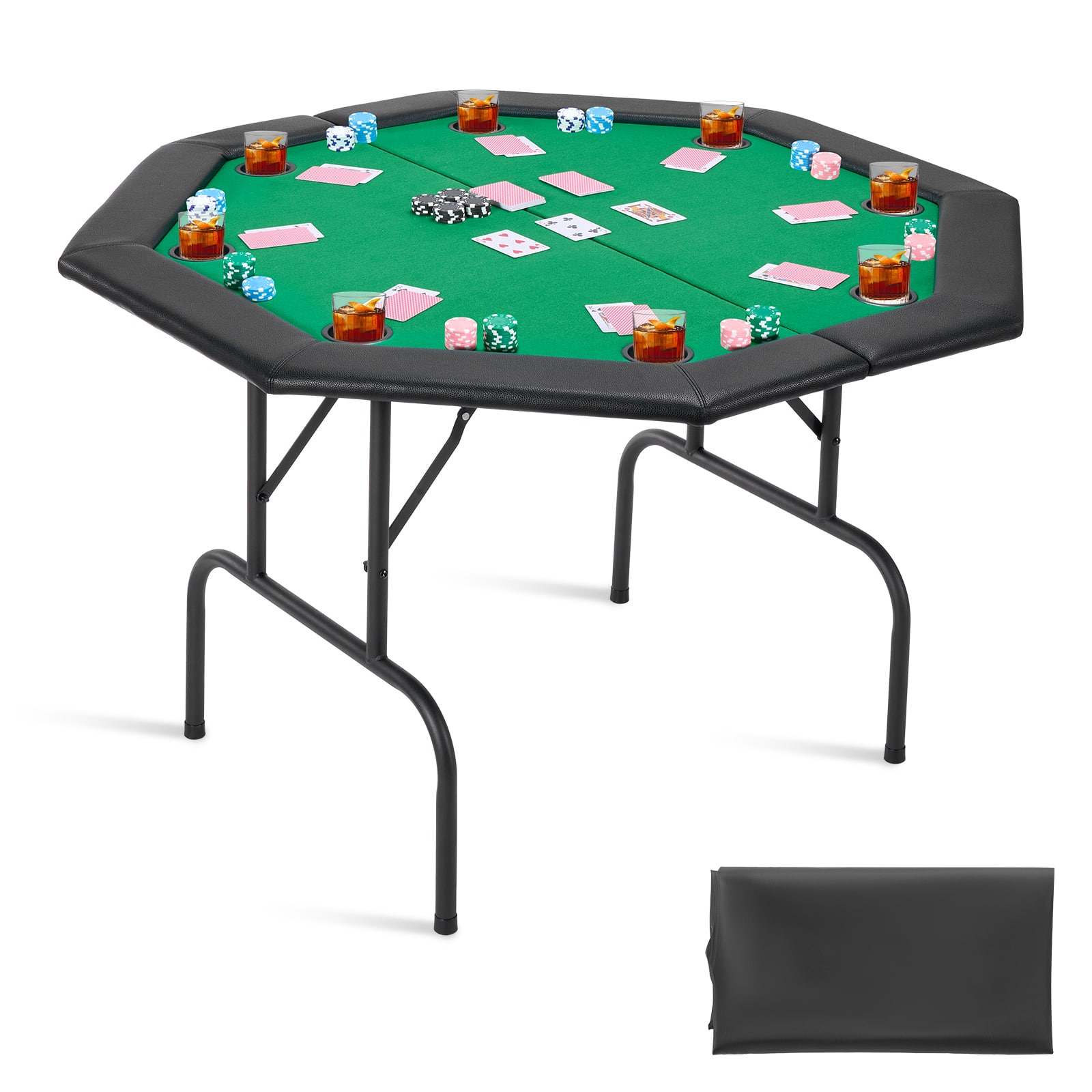 VEVOR - Foldable Poker Table, 8-Player 48-Inch Octagonal Casino Table with Cushioned Rails & Cup Holders, Portable Game Table - Green