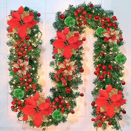 PARKER SLATER - 9FT Pre-Lit Christmas Garland with Lights, Flowers & Berries - Red
