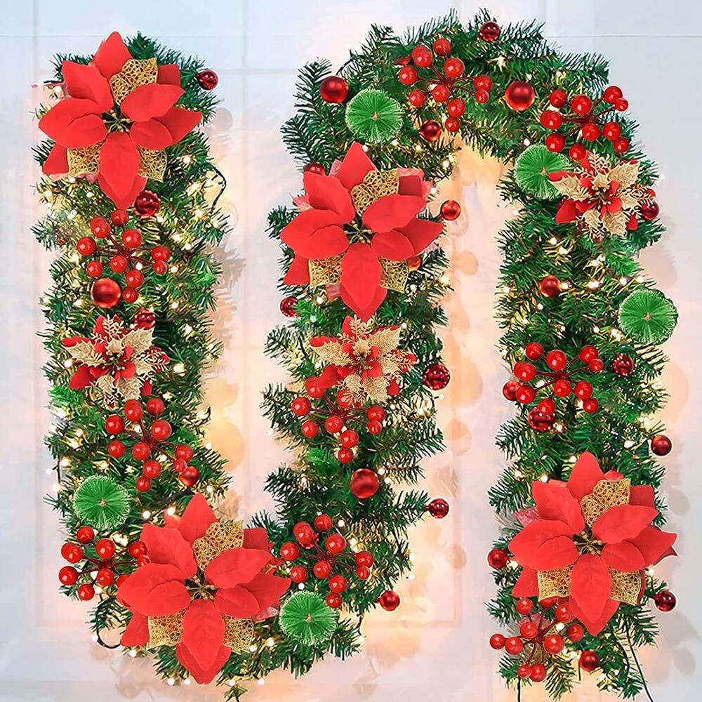 Front. PARKER SLATER - 9FT Pre-Lit Christmas Garland with Lights, Red Flowers & Berries - Red.
