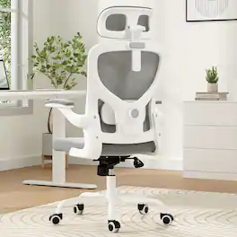 Petrimins - Mesh Office Chair with 3-Way Adjustable Headrest & Lumbar Support, Swivel Desk Chair with Flip-up Arms - Gray