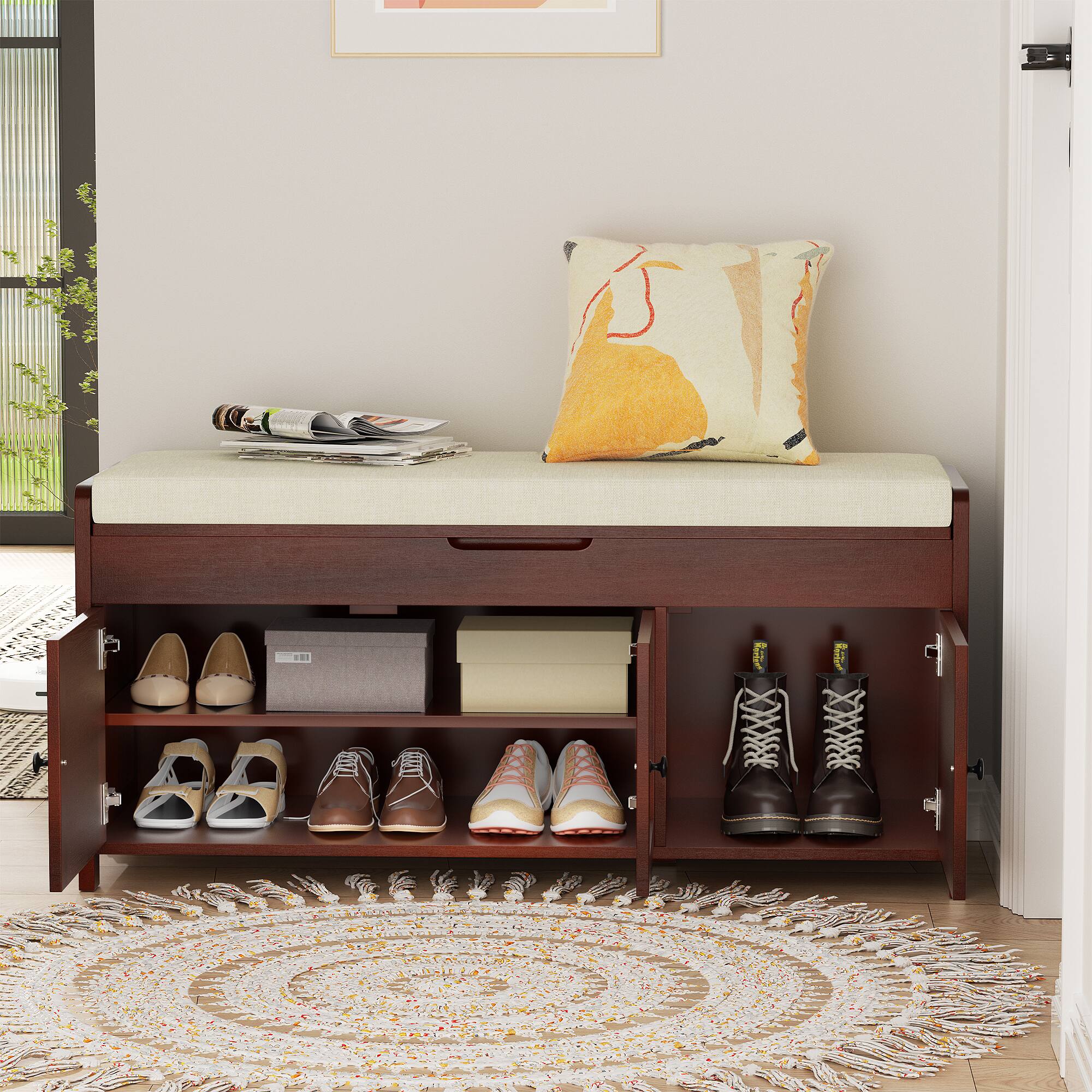 Angle. LOVMOR - 43.5-in W x 20-in H x 16-in D Espresso Storage Bench for Entryway with Cushion and Hidden Storage - Espresso.