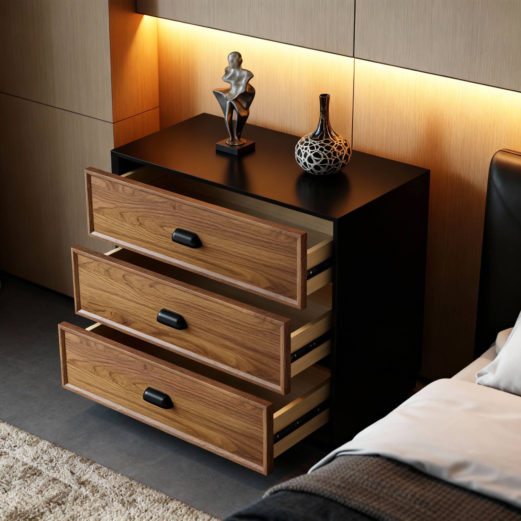 Left. luck idea - Mid-Century Modern 31.49" Solid Wood Nightstand with 3 Drawers, Bedside Table - Walnut Color.