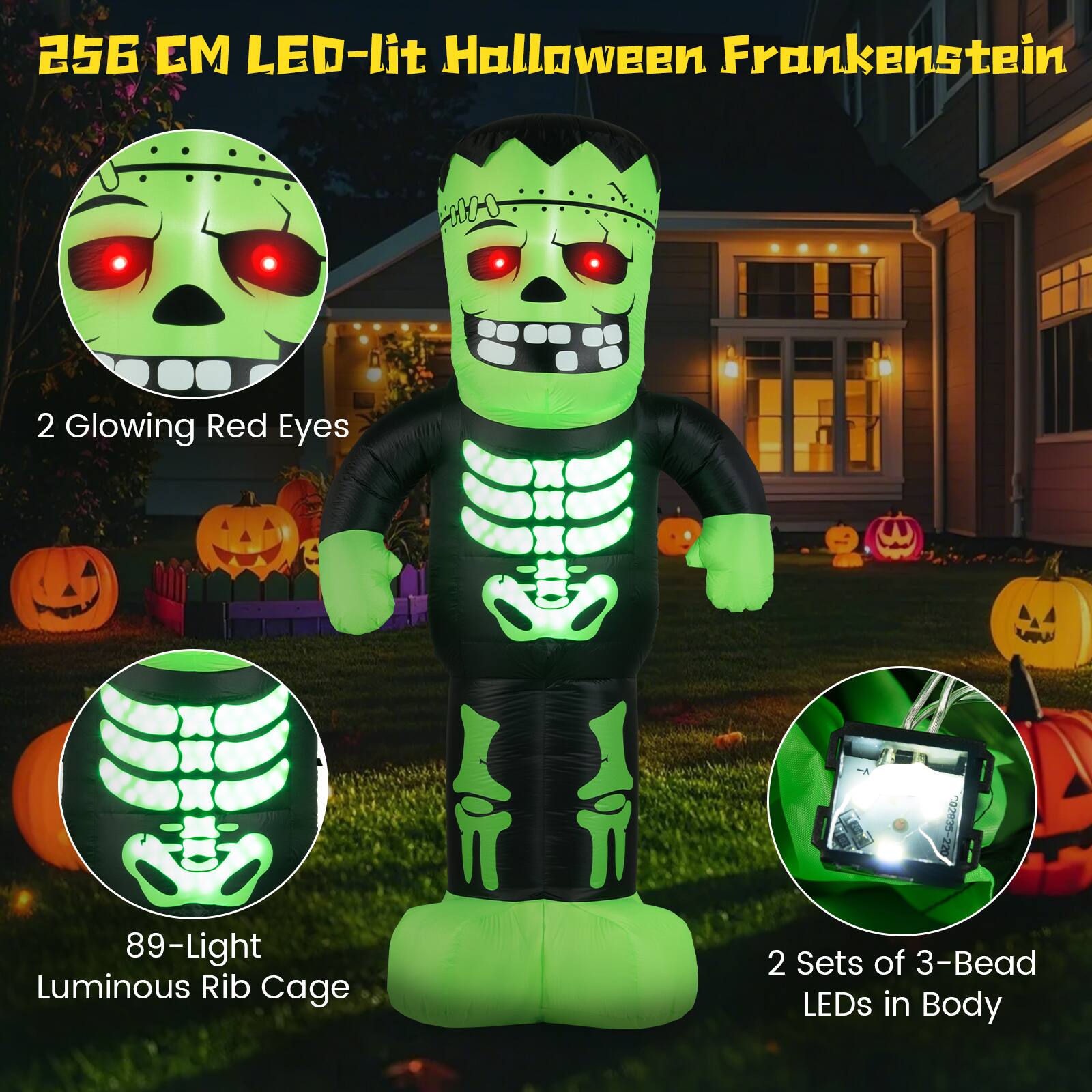 256 CM LED-lit Halloween Frankenstein

2 Glowing Red Eyes

89-Light Luminous Rib Cage

2 Sets of 3-Bead LEDs in Body