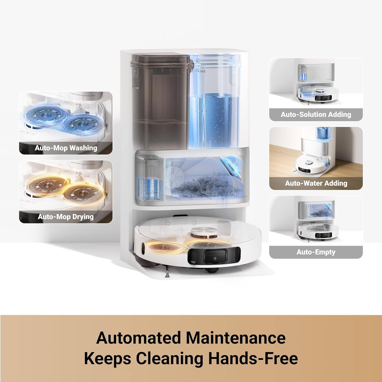Automated Maintenance Keeps Cleaning Hands-Free

- Auto-Solution Adding
- Auto-Water Adding
- Auto-Mop Washing
- Auto-Mop Drying
- Auto-Empty