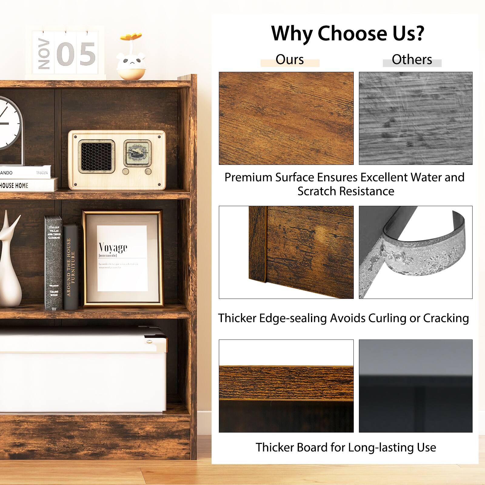 Why Choose Us?
Ours:
- Premium surface ensures excellent water and scratch resistance.
- Thicker edge-sealing avoids curling or cracking.
- Thicker board for long-lasting use.

Others:
- Others offer different options for customers to choose from.