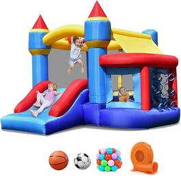 Gymax - Inflatable Bounce House Castle Slide Bouncer Kids Basketball Hoop w/ 550W