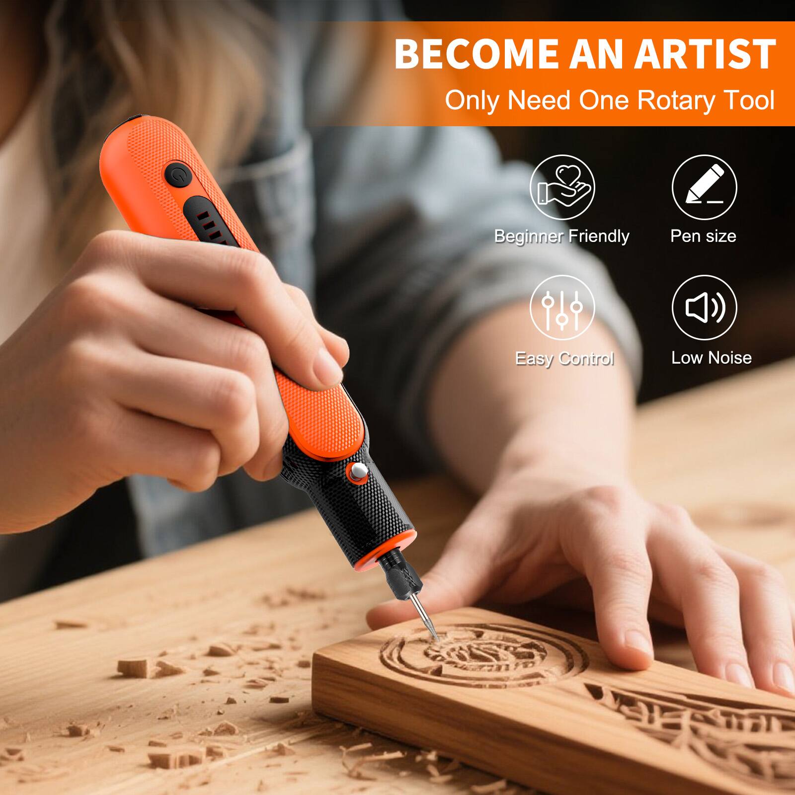 BECOME AN ARTIST  
Only Need One Rotary Tool  

- Beginner Friendly  
- Pen size  
- Easy Control  
- Low Noise