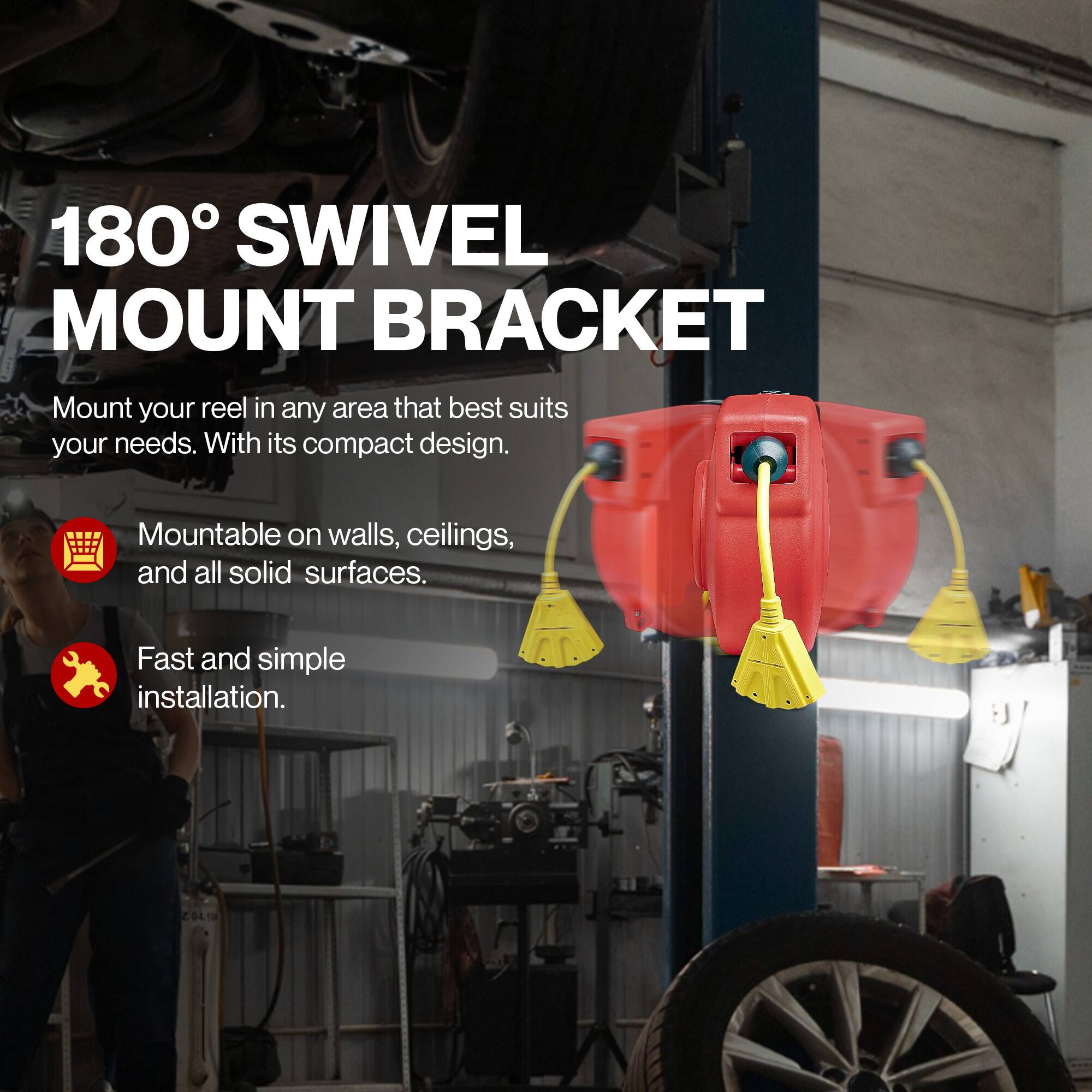 180° SWIVEL MOUNT BRACKET

Mount your reel in any area that best suits your needs. With its compact design.

- Mountable on walls, ceilings, and all solid surfaces.
- Fast and simple installation.