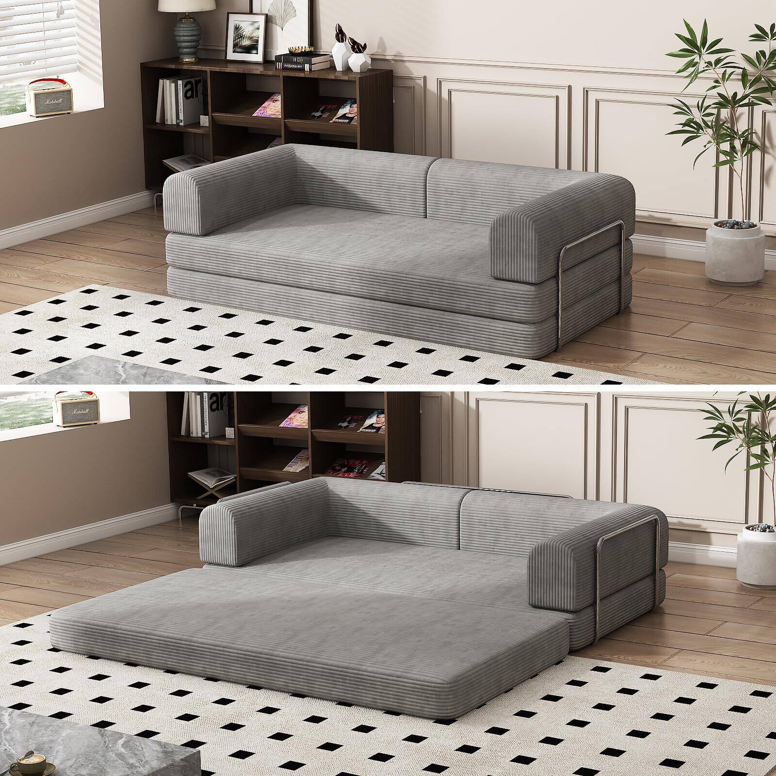 Front. Acekool - Convertible Corduroy Sleeper Sofa Bed,Folding Mattress Couch with Fixed-Shape Frame - Grey.