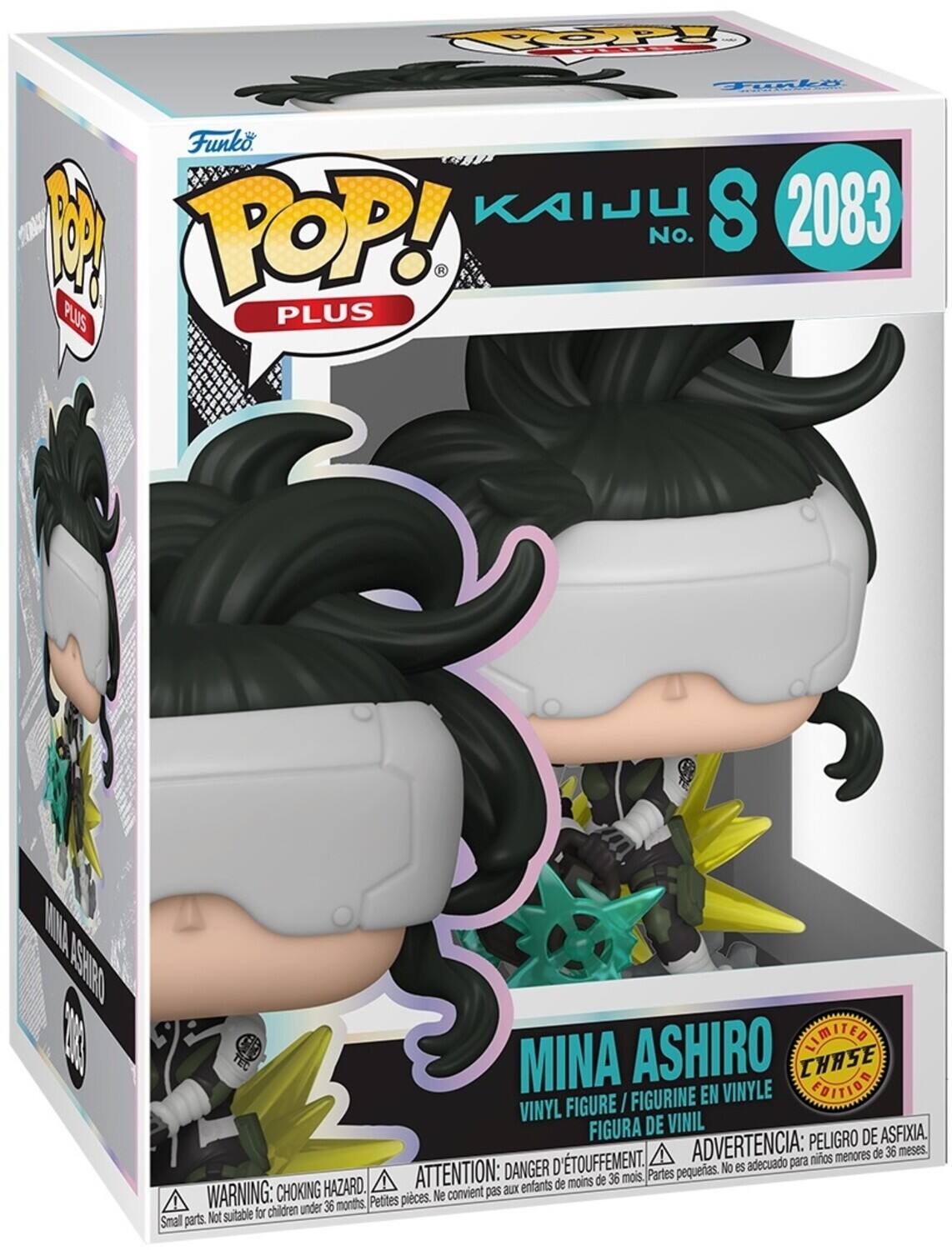 Sure, here is the corrected and grouped text from the image:

---

**Front:**

- **Top Left:** Funko
- **Top Center:** POP! PLUS
- **Top Right:** KAIJU S 2083
- **Bottom Center:** MINA ASHIRO
- **Bottom Right:** LIMITED EDITION CHASE

**Side:**

- **Top:** POP! PLUS
- **Bottom:** MINA ASHIRO

**Warnings:**

- **Bottom Left:** WARNING: CHOKING HAZARD. Small parts. Not suitable for children under 36 months.
- **Bottom Center:** ATTENTION: DANGER D'ÉTOUFFEMENT. Petites pièces. Ne convient pas aux enfants de moins de 36 mois.
- **Bottom Right:** ADVERTENCIA: PELIGRO DE ASFIXIA. No es adecuado para niños menores de 36 meses.

**Additional Text:**

- **Bottom Center:** VINYL FIGURE / FIGURINE EN VINYLE / FIGURA DE VINIL

---