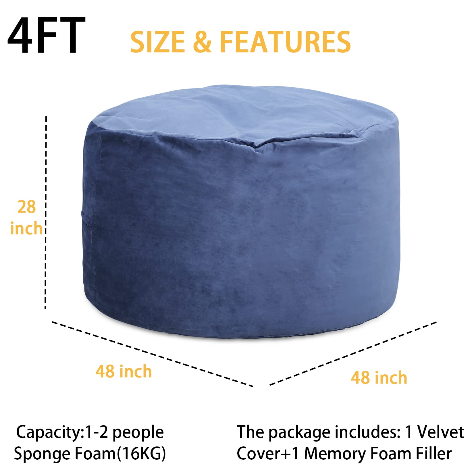 4FT  
SIZE & FEATURES  

28 inch  
48 inch  
48 inch  

Capacity: 1-2 people  
Sponge Foam (16KG)  

The package includes: 1 Velvet Cover + 1 Memory Foam Filler