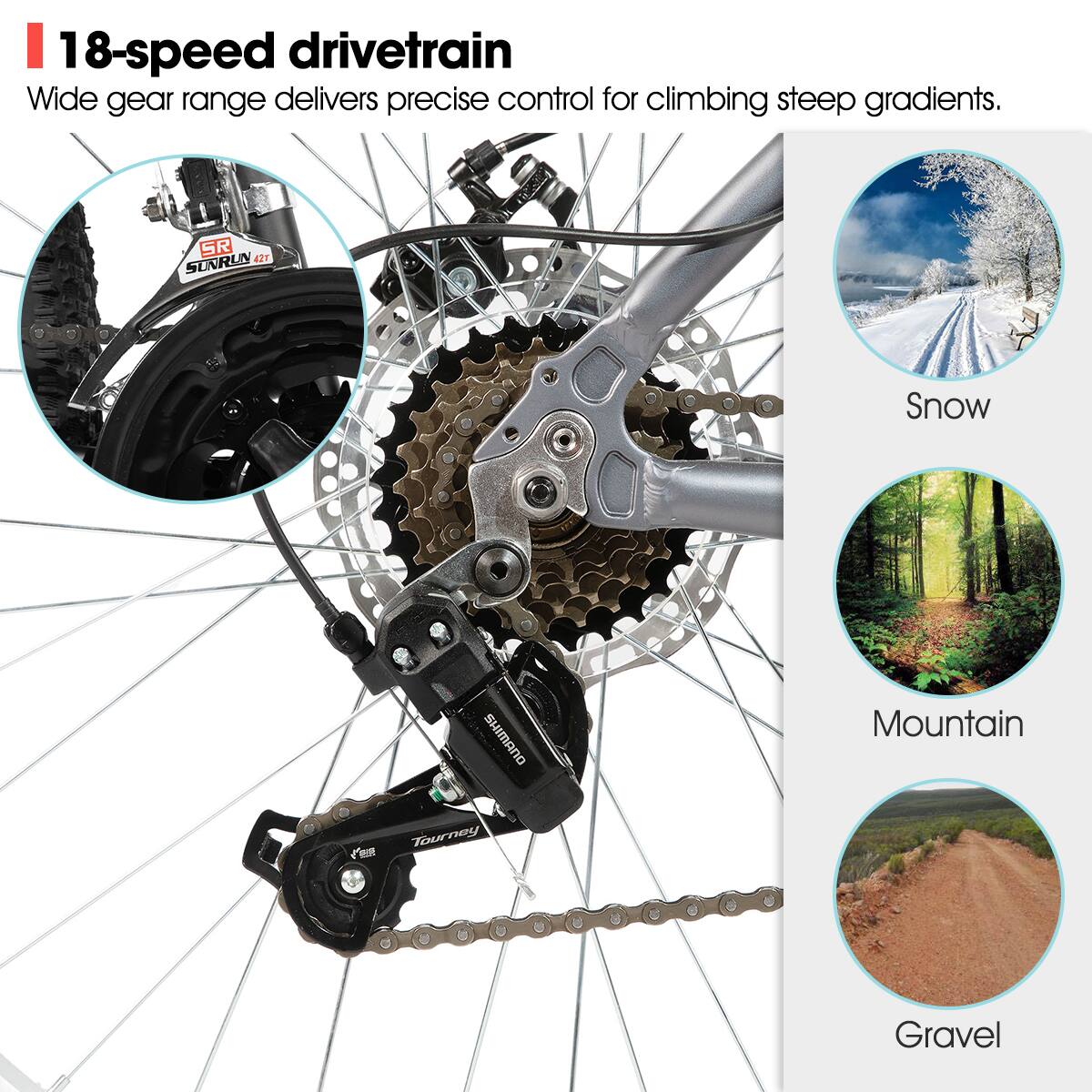 18-speed drivetrain  
Wide gear range delivers precise control for climbing steep gradients.  

SR SUNRUI 42T Snow SHIMANO Mountain Tourney Gravel