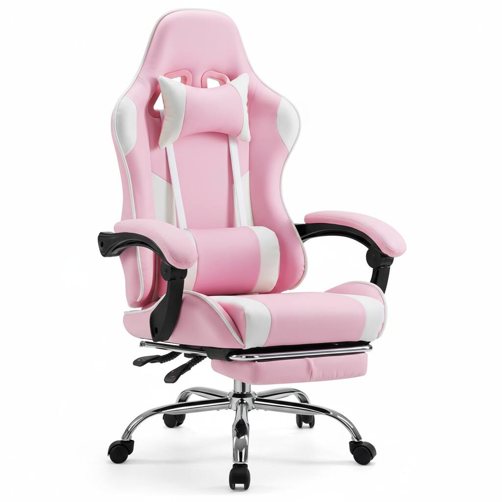 Front. AOITUN - Video Game Desk Chair - Ergonomic Computer with Footrest and Comfy Lumbar Support, PU Leather Recliner, Pink - White.