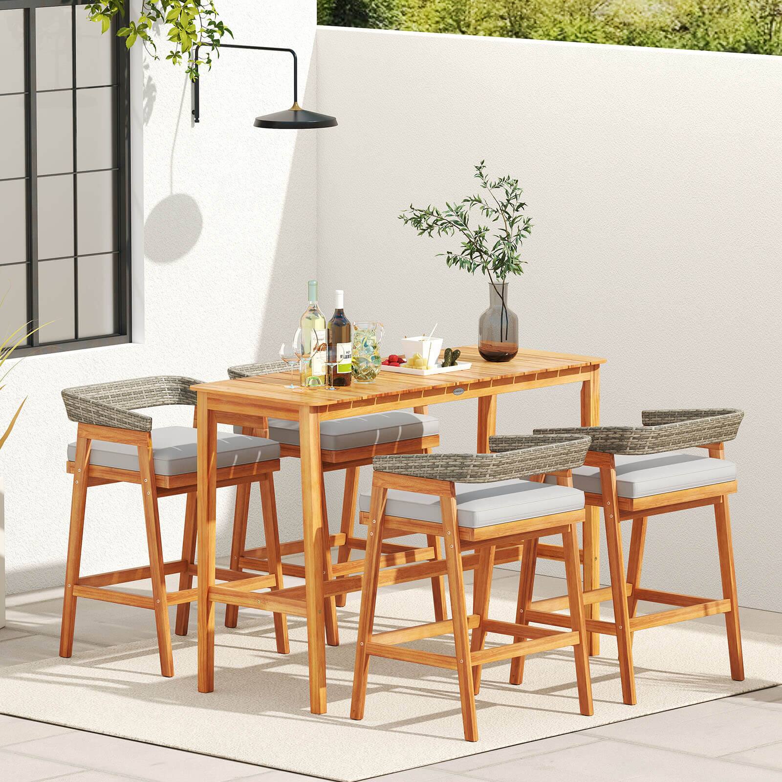Alt View 1. Costway - Costway 5 PCS Patio Counter Height Bar Set with 4 Cushioned Barstools Curved Rattan Back - Gray.
