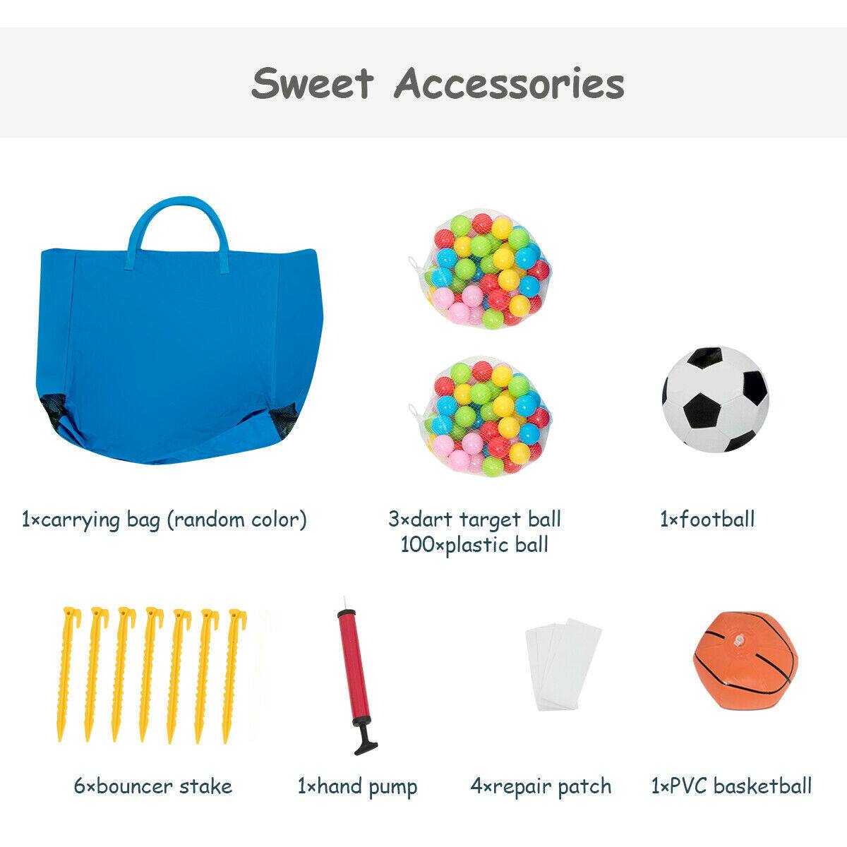 Sweet Accessories

- 1x carrying bag (random color)
- 3x dart target ball
- 100x plastic ball
- 1x football
- 6x bouncer stake
- 1x hand pump
- 4x repair patch
- 1x PVC basketball