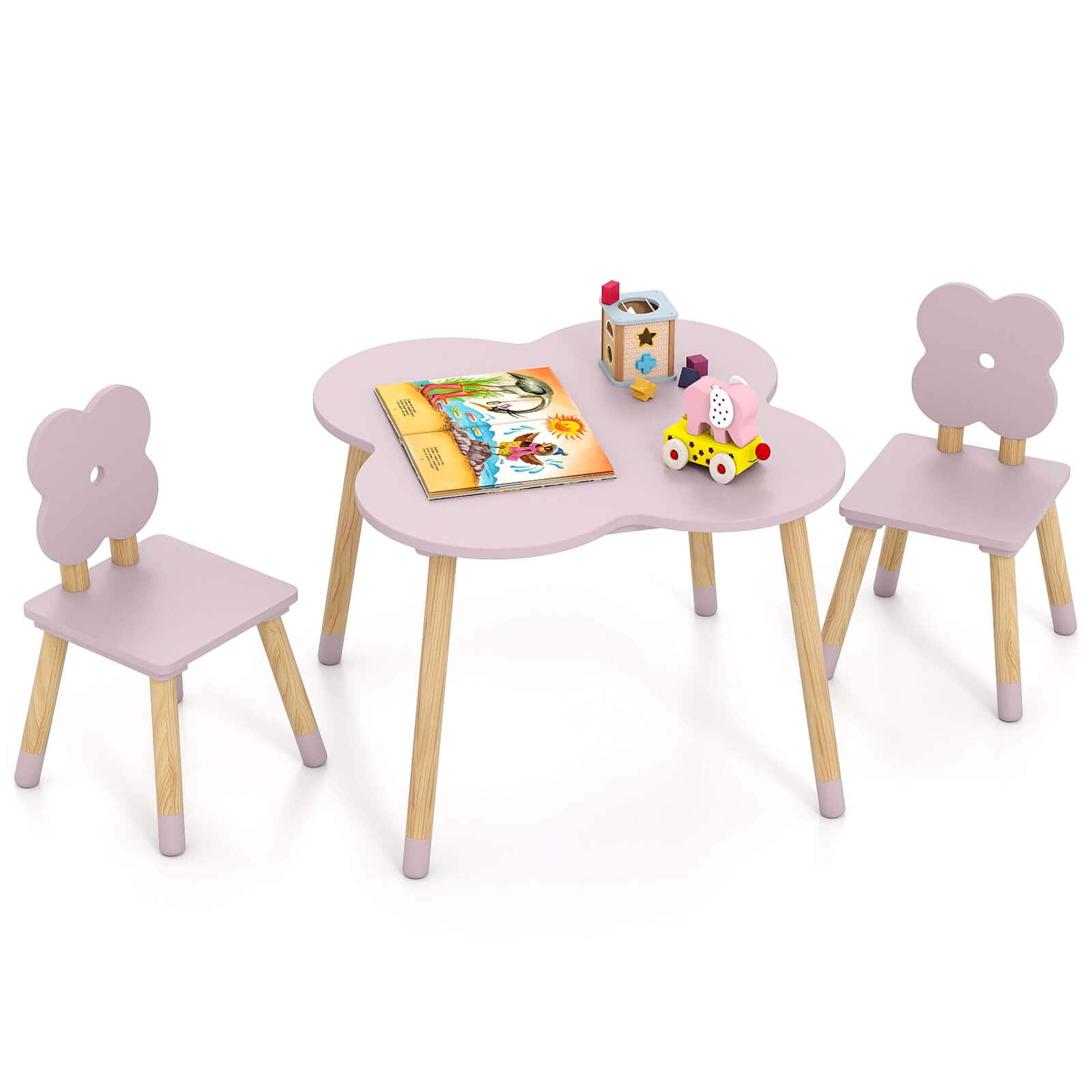 Costway - Flower-shaped Kids Table Set with 2 Child-sized Chairs Solid Pine Wood Legs - Pink