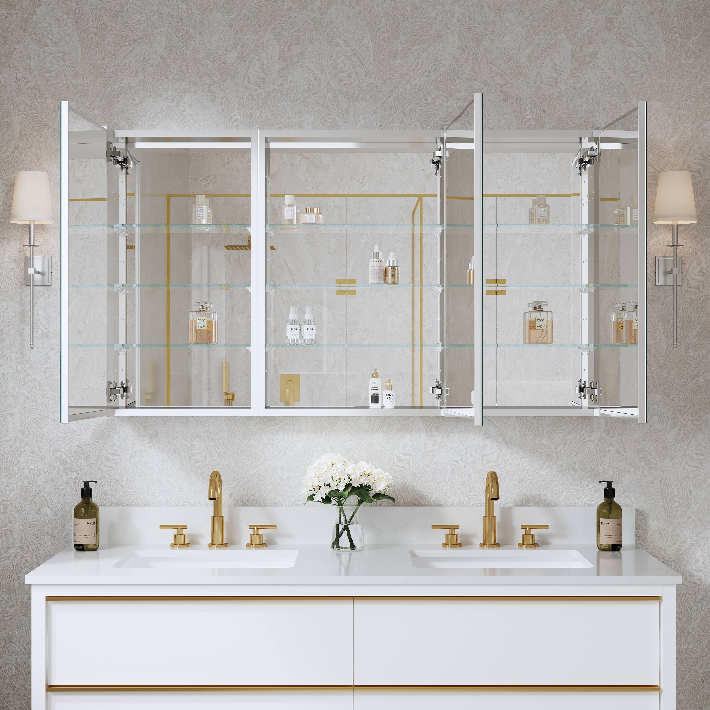 Back. WELLFOR - Combo 52 in. W x 30 in. H Rectangular Recess/Surface Mount Frameless Medicine Cabinet with Mirror, Soft Close Door - Silver.