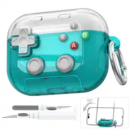 Dteck - For Apple Airpods 5th/4th Gen Funny 3D Game Button Design Shockproof Secure Lock Case With Ring Keychain+Clean Pen - Green