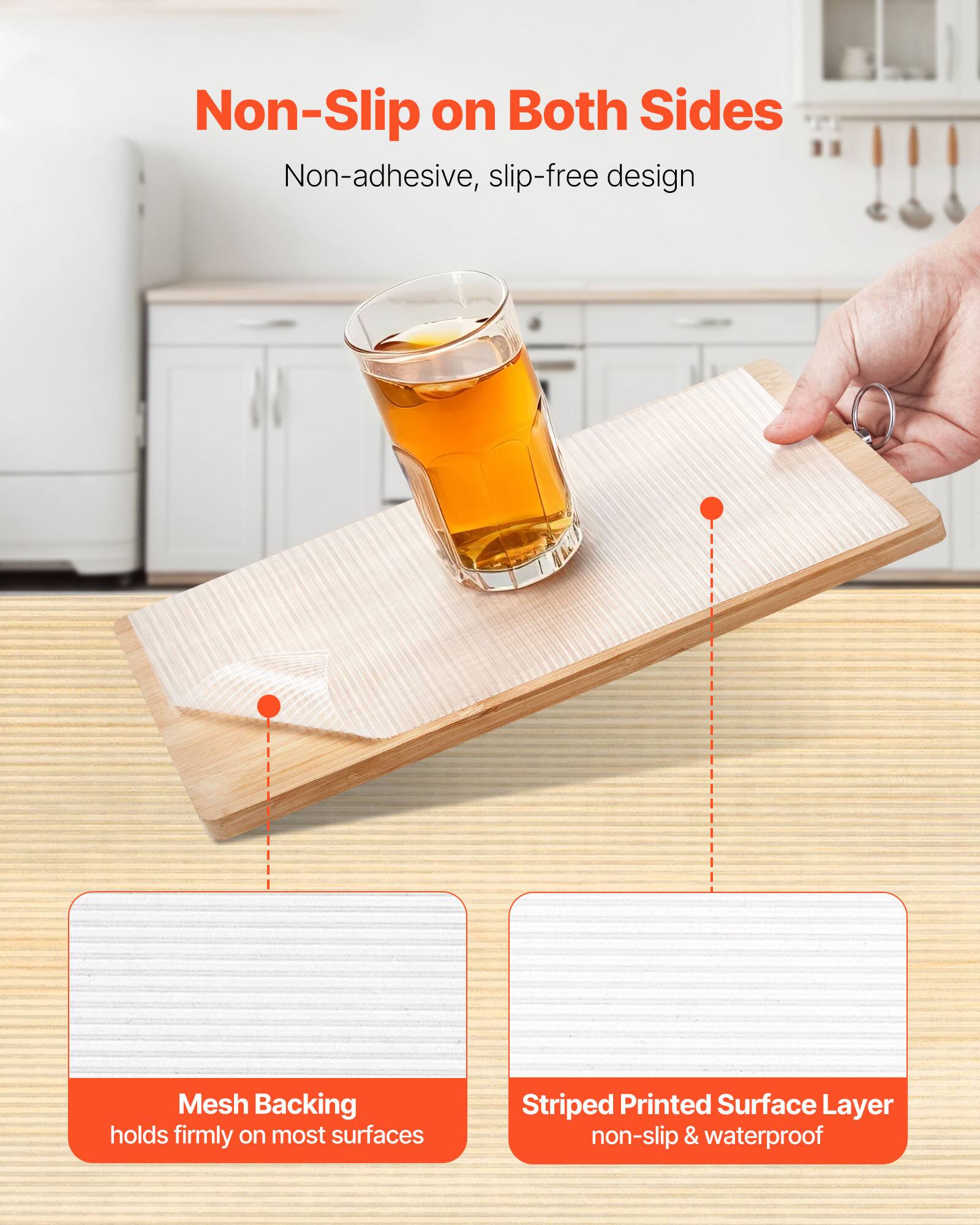 Non-Slip on Both Sides

- Non-adhesive, slip-free design
- Mesh Backing holds firmly on most surfaces
- Striped Printed Surface Layer non-slip & waterproof