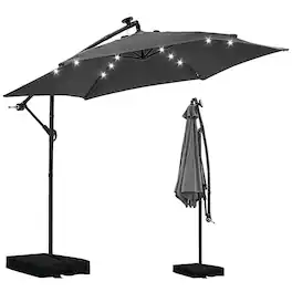 Ainfox - 10FT Outdoor Patio Umbrella Hanging Offset with Cross Base Sand Bags & 32 LED Solar Lights - Gray
