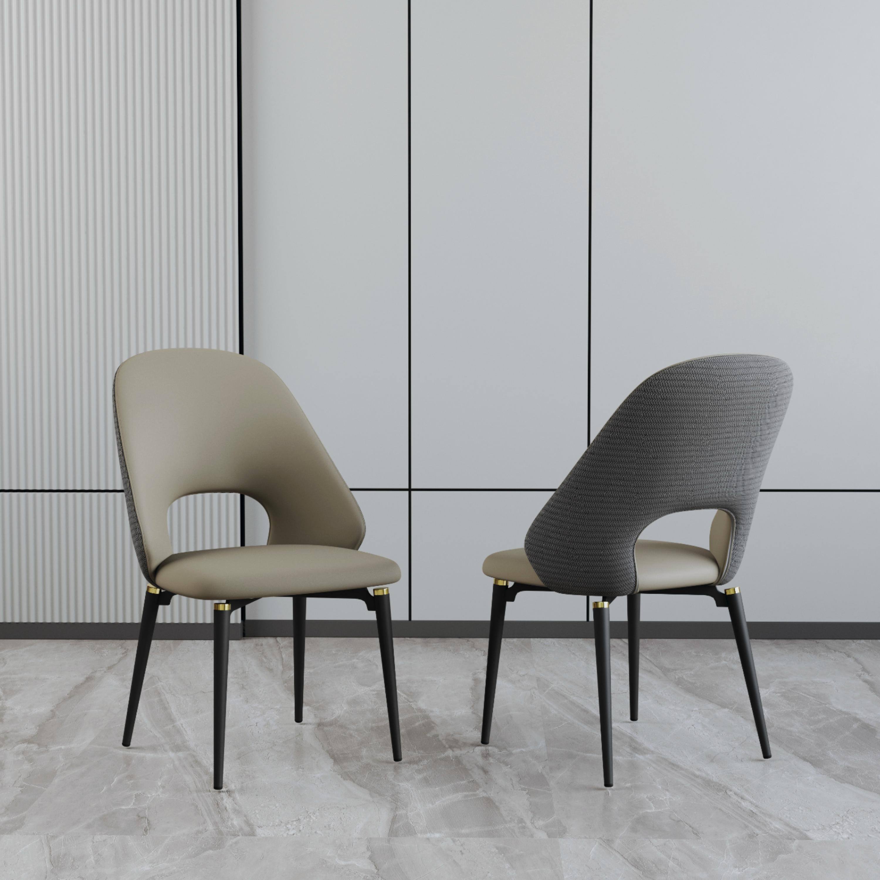 Left. POVISON - Modern Minimalist Faux Leather Dining Chairs Set of 2, Side Chairs with Hollow Back - Light Brown & Gray.