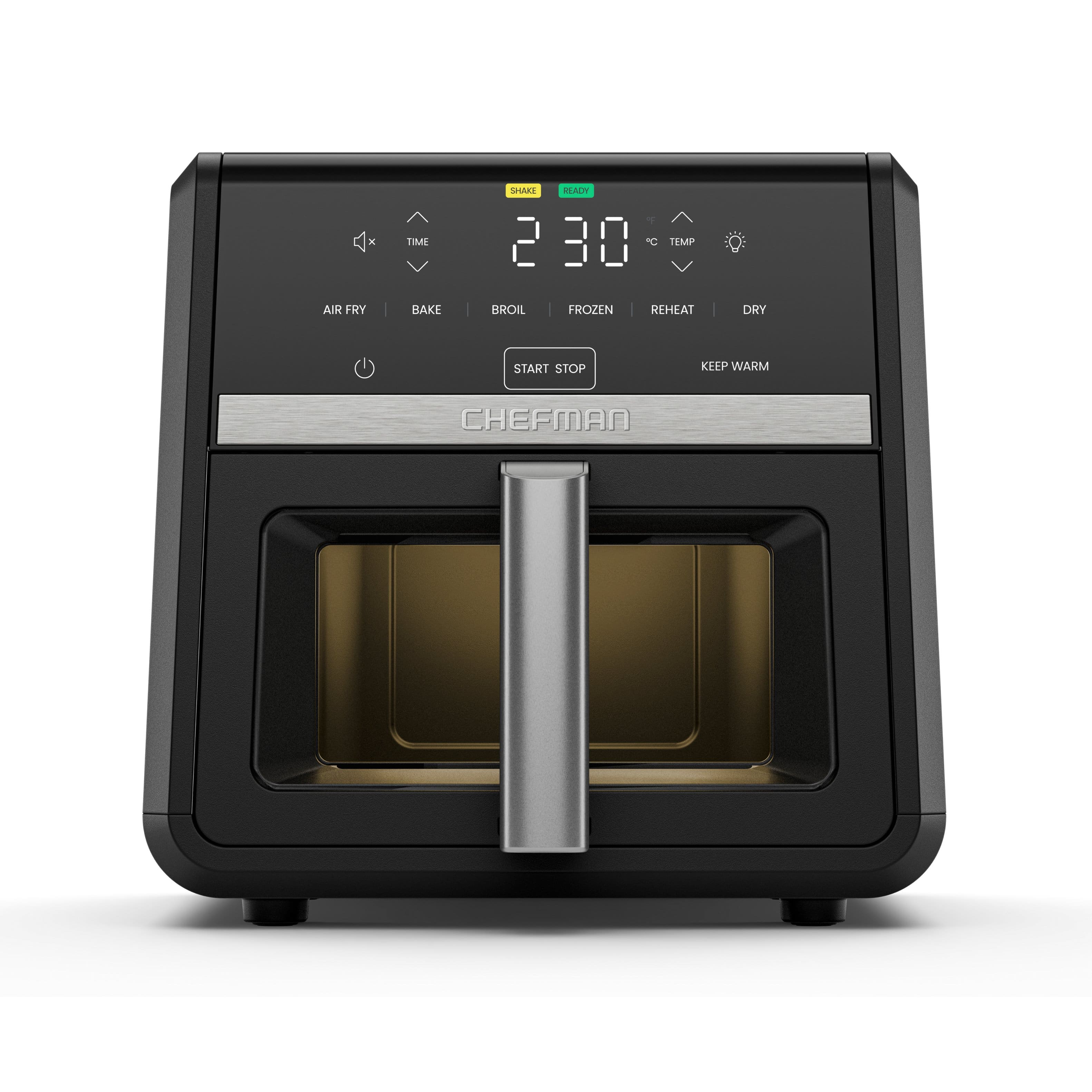 Sure, here is the corrected and grouped text from the image:

- **Time**: 2:30
- **Temp**: 30°C
- **Functions**: Air Fry, Bake, Broil, Frozen, Reheat, Dry
- **Buttons**: Start/Stop, Keep Warm
- **Brand**: Chefman