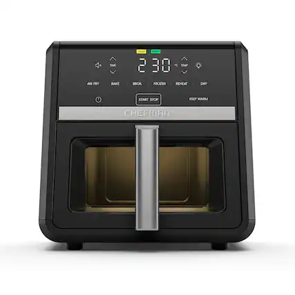 Sure, here is the corrected and grouped text from the image:
- **Time**: 2:30
- **Temp**: 30°C
- **Functions**: Air Fry, Bake, Broil, Frozen, Reheat, Dry
- **Buttons**: Start/Stop, Keep Warm
- **Brand**: Chefman